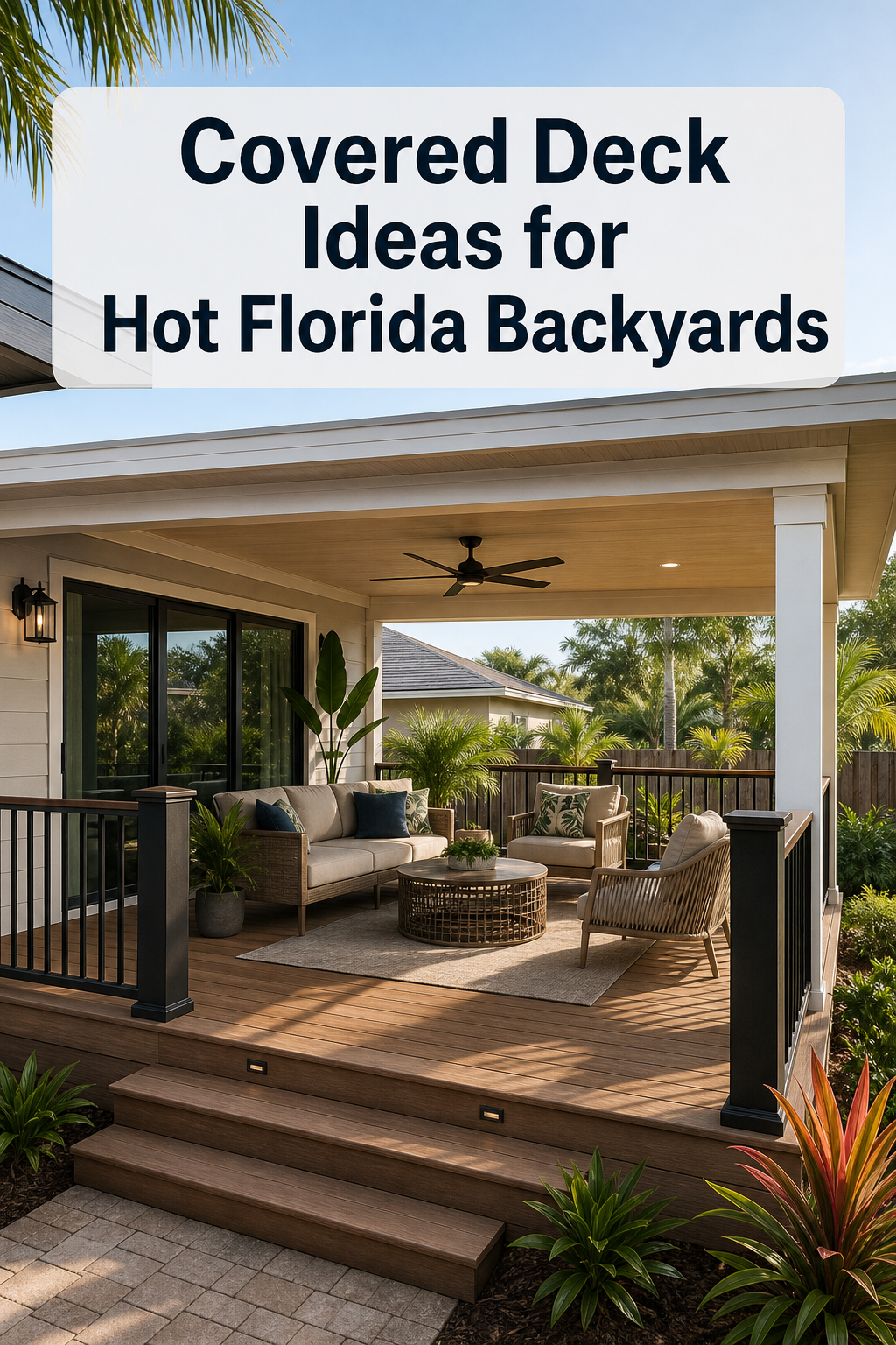 Covered backyard deck with shaded seating, ceiling fan, black railing, wood-tone decking, and tropical landscaping.